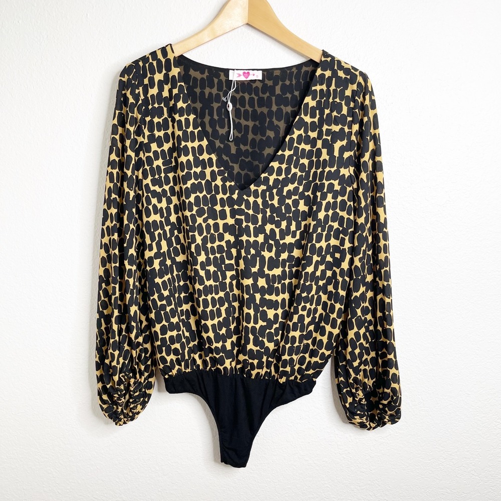 Buddy Love Womens Gold Black Abstract Dot V-Neck Long Sleeve Blouson Bodysuit S